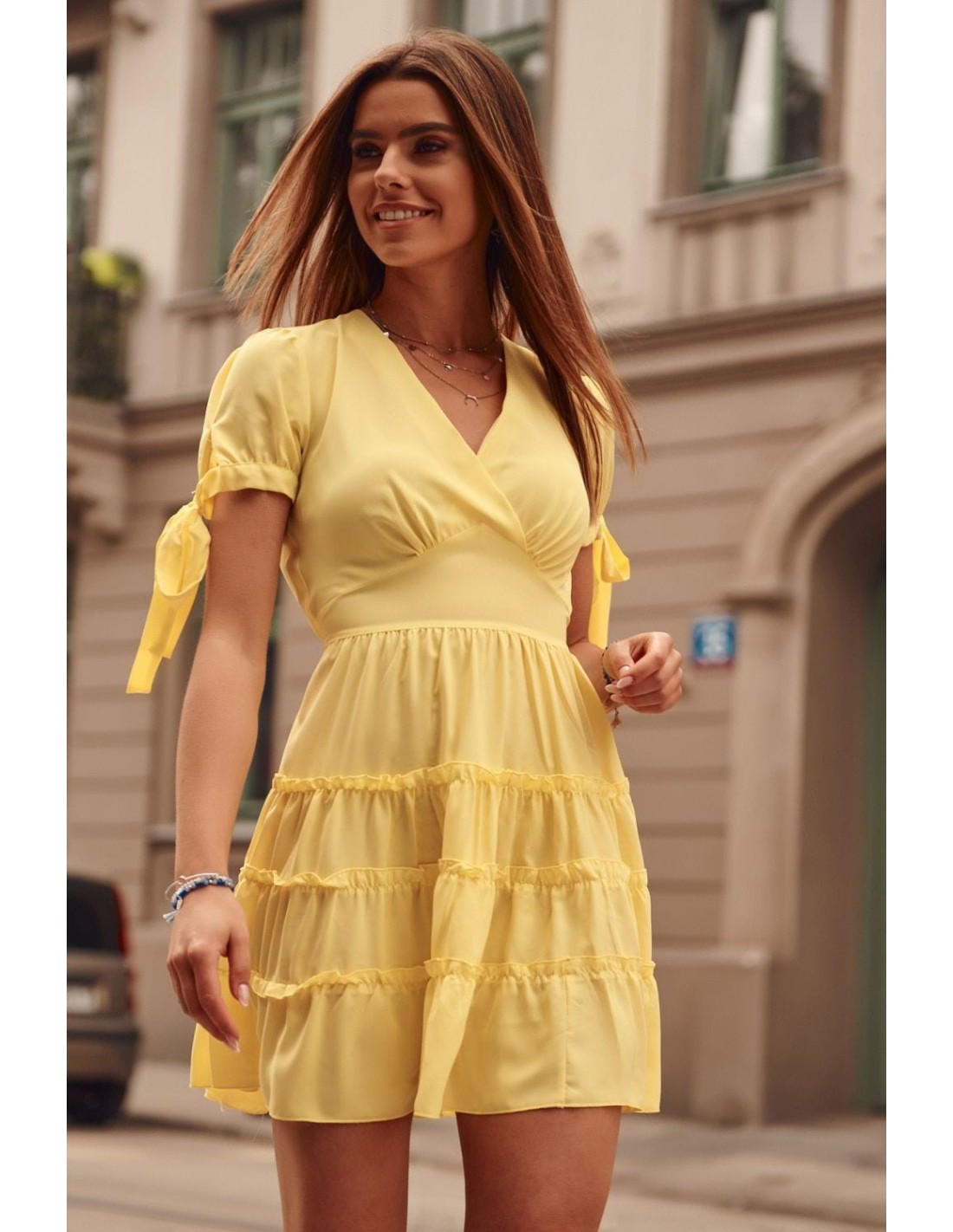 Summer dress with short sleeves, yellow PR3181 - Online store - Boutique